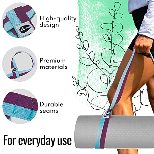 TECEUM Bundle of 2 Items – Yoga Mat Strap Purple Blue 64 IN & Stretching Strap for Yoga Purple Blue Polypropylene 1” – Mat Holder Sling For All Mats – Leg Strap for Exercising, Physical Therapy