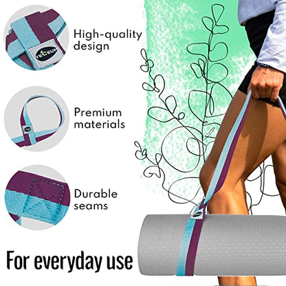 TECEUM Bundle of 2 Items – Yoga Mat Strap Purple Blue 64 IN & Stretching Strap for Yoga Purple Blue Polypropylene 1” – Mat Holder Sling For All Mats – Leg Strap for Exercising, Physical Therapy