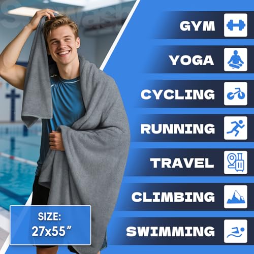 Microfiber Gym Towels for Showering Working Out Quick Dry Negative ions Large Middle Small Sizes Lightweight Gym Towel for Men Women Tennis Sports Towels for Body Hot Yoga Fitness Essentials - color: Gray, size: 27 inch X 55 inch