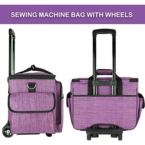CAB55 Rolling Sewing Machine Case, Detachable Rolling Sewing Machine Carrying Case on Wheels, Trolley Tote Bag with Removable Bottom Wooden Board for Most Standard Sewing Machine and Accessories - color: Purple