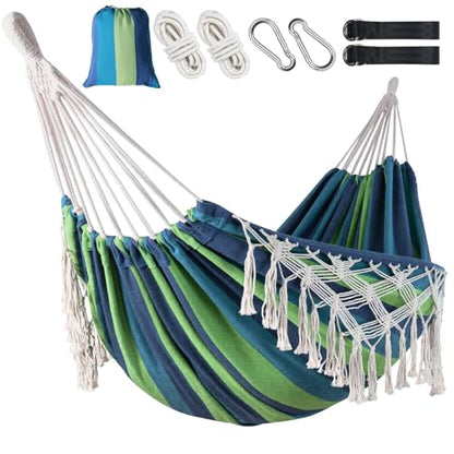 Posprica Brazilian Style Double Hammock with Fringe, 2 Person Patio Hammock for Backyard & Indoor Relaxation, Soft Breathable Fabric, Easy Setup with Straps & Carry Bag, 360 lbs Capacity - color: Blue Stripe