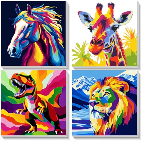 TOSTOG 4 Pack Paint by Number for Kids with Wooden Frame, DIY Colorful Animal Paint by Numbers for Kids Ages 8-12, Acrylic Oil Painting Kits Easy Paint by Number for Gift Home Wall Decor 8in X 8in - color: Colorful Animal