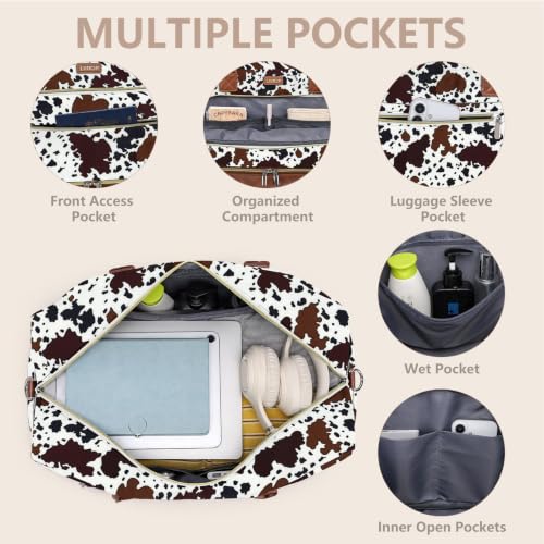 Large Women Travel Weekender Bag: Carry on Duffle with Shoe Compartment | Overnight Duffel Bags with Wet Pocket, Crossbody & Toiletry Bag, 3PCS Womens Traveling Tote Set for Hospital Gym Weekend Trip - color: Brown Cow Print