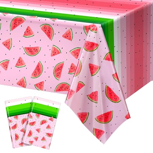 Kochorie 2 Pack Watermelon Party Tablecloths, 54 x 108 Inch Plastic Watermelon Table Covers, Waterproof Pink Table Cloth Cover for Birthday Baby Shower Wedding Summer Fruit Party Supplies - style: Watermelon