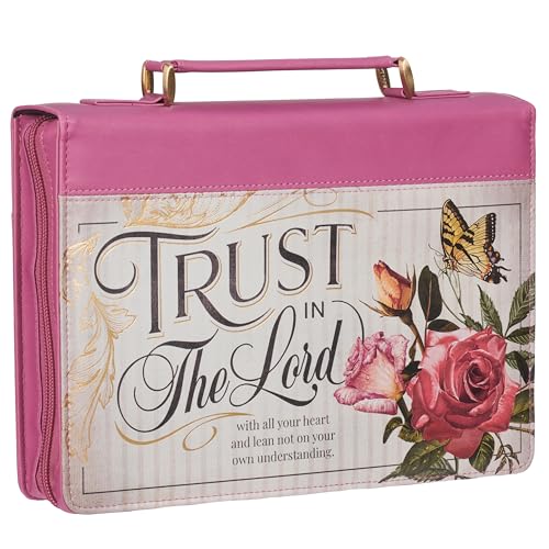 Christian Art Gifts Rose Pink Floral Fashion Bible Cover for Women: Trust in the Lord - Prov. 3:5 Inspirational Scripture Verse, Vintage Vegan Leather Book Carry Case Bag w/Stationery Storage, Large - color: Rose Pink/Trust, size: Large