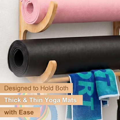 Upgraded 3 Tier Wooden Yoga Mat Rack Wall Mount with Bottom Hanging Bar