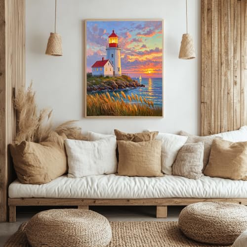 Seaside Lighthouse 5D Diamond Art Kit for Adults Full Drill Canvas | 12x16 inch canvas, complete tool set, DIY wall art, relaxing craft, seaside lighthouse scene - color: QD153
