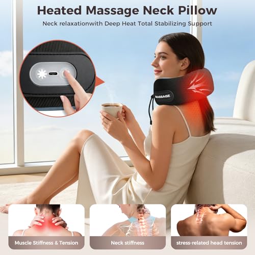 Travel Neck Pillow with Massage & Heat, U-Shaped Neck Massager with 8-Point Vibration, Eye Mask and Earplugs Set – Ergonomic Memory Foam, Ideal for Travel, Office, Home