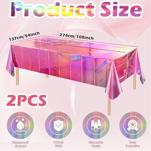 OQOQ Iridescent Pink Table Cloths (4 Packs) - 54x108 Inches Rectangular Plastic Table Cover Disposable Tablecloth Birthday Decorations Waterproof Foil Tablecloth Bachelorette Party Disco Party - color: Pink