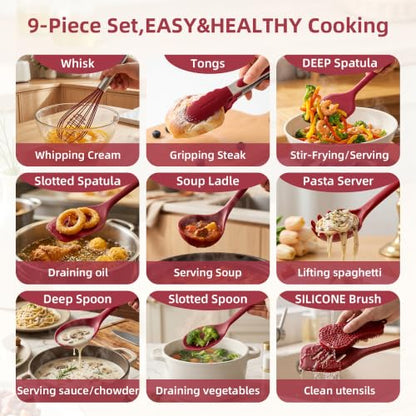 Kitchen Utensils Set,9 PCS Silicone Cooking Utensils Set Spatula Set,Cooking Utensils Tool,Tongs,Spoon,Whisk,Brush,Dishwasher Safe Kitchen Gadgets for Non-Stick Cookware,Home Essential(Red) - color: PERSIAN RED