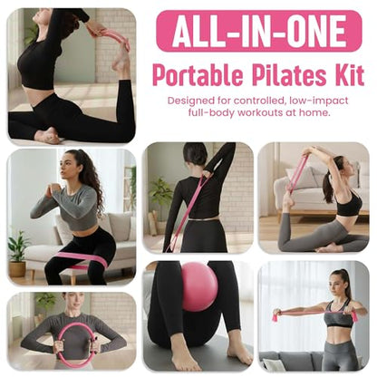 Pilates Kit for Women – 16 Pcs Home Pilates Equipment Set with Magic Circle Ring, Ball, 5 Resistance Bands, Yoga Strap, Ankle Weights, Grip Socks & More | Pilates Starter Kit - color: Pink