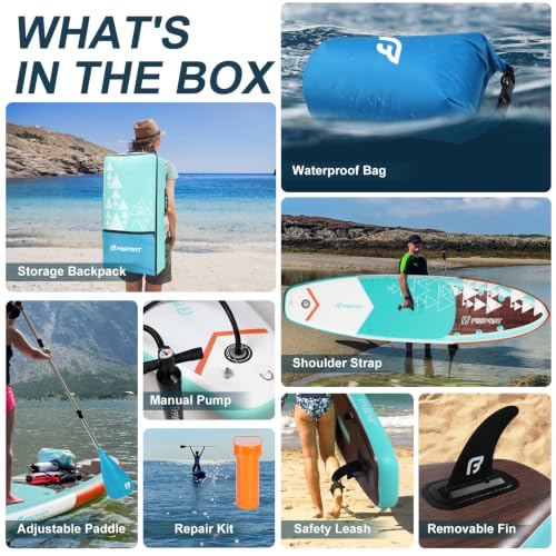 FBSPORT 11' Premium Stand Up Paddle Board, Yoga Board with SUP Accessories & Carry Bag | Wide Stance, Surf Control, Non-Slip Deck, Leash, Paddle and Pump for Youth & Adult - color: Brown Teal