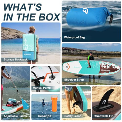FBSPORT 11' Premium Stand Up Paddle Board, Yoga Board with SUP Accessories & Carry Bag | Wide Stance, Surf Control, Non-Slip Deck, Leash, Paddle and Pump for Youth & Adult - color: Brown Teal