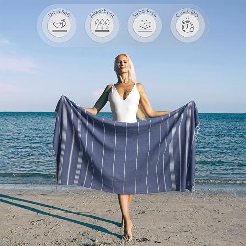 Ossano Turkish Beach Towel Compact & Fast Dry Oversized (39" x 71") - Striped, Versatile and Functional as Picnic and Yoga Blanket, Pool, Shower and Travel Towel - Denim Blue - color: Denim Blue