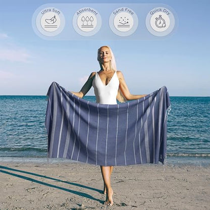 Ossano Turkish Beach Towel Compact & Fast Dry Oversized (39" x 71") - Striped, Versatile and Functional as Picnic and Yoga Blanket, Pool, Shower and Travel Towel - Denim Blue - color: Denim Blue