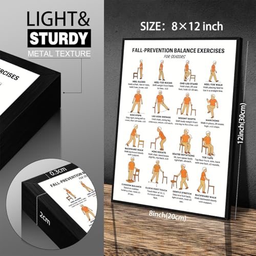 Fall Prevention Balance Exercises for Seniors Posters Seated Workout Charts for Seniors & Beginners 8x12 Inch Black Framed Chair & Standing Mobility Training Wall Art Living Room Bedroom Home Gym Decor - color: Balance Wall Art, size: 12"L x 8"W, style: B