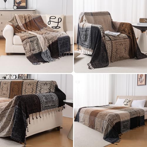Boho Throw Blanket, Chenille Jacquard Tassels Throw Blankets for Bed Couch Soft Chair， Bohemian Fringe Tassels (Black, S:60x75) - color: Black, size: Small (60 x 75 in)
