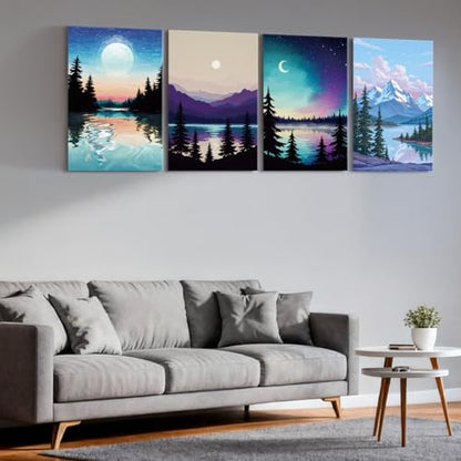 Paint by Numbers Kit for Adults Beginner, Landscape Canvas Painting Set | Complete Number Painting Kit 4 Pack, 8x12 inch Framed Canvases with Easel, Easy-to-follow, Beginner Painting Activity