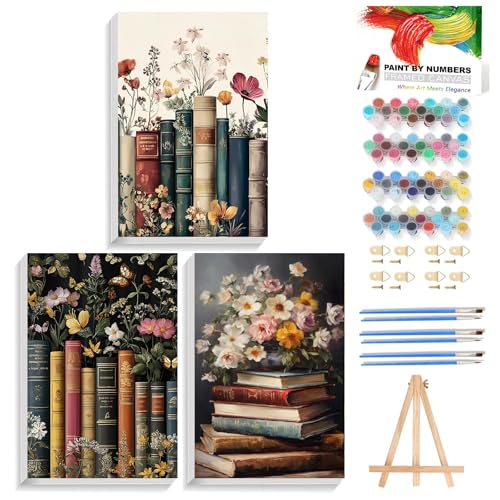 Reivworl 3 Pack Framed Paint by Numbers for Adults with Wooden Easel, Book Paint by Numbers Kit for Adults Beginner, Acrylic Painting by Number for Home Decor 8X12 Inch - color: 02-Book, size: 8X12 Inch