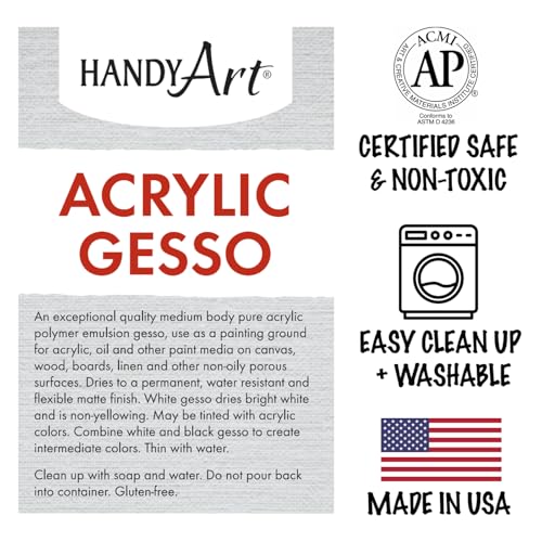 Handy Art Acrylic Gesso, 32 oz, White, Primer for Canvas, Wood, & Artist Painting Surfaces, Enhances Acrylic Paint Adhesion, Low Viscosity, Thick Coverage, Certified Safe & AP Non-Toxic, Made in USA - color: White Gesso, size: 32 Fl Oz (Pack of 1)