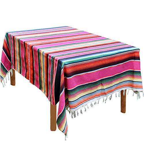 Hxezoc 59 x 84 Inch Mexican Blanket Striped Tablecloth Large Square Fringe Cotton Mexican Serape Tablecloth for Mexican Party Wedding Decorations Outdoor Table Cover (Pink) - color: Pink, size: 59 x 84 Inch