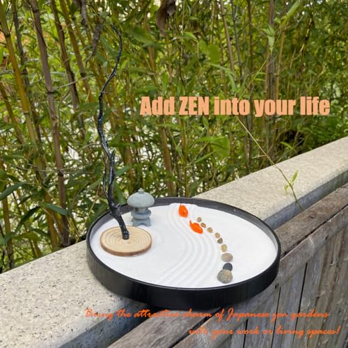 Desktop Zen Garden with Refillable Hourglass and Koi Fish – Miniature Japanese Rock Garden Kit with Sand, Rake, and Accessories – Stress Relief Desk Decor for Home & Office