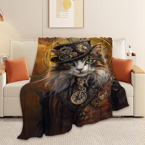 Cat Blanket, Steampunk Throw Blanket, Cats Gifts, Steampunk Blankets, Cats Stuff Fleece Flannel Plush for Women Men Boys Girls Lovers Adults Soft Bedding for Sofa Bed Office Home Decor 60"X50" - color: Steampunk Cat, size: 60"x50"