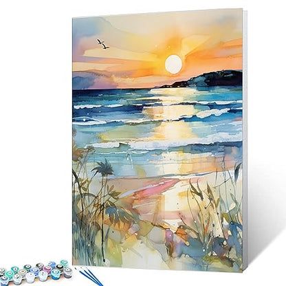 Sunset Beach Sea Landscape Paint by Numbers Kits 16x20 inch Canvas DIY Oil Painting for Kids, Students, Adults Beginner with Brushes Acrylic Pigment Graffiti Abstract Beach Photo Gift(without Frame) - color: Abstract Beach 02, size: 16''x20''(Frameless)