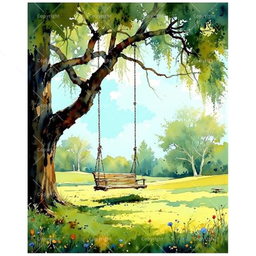 Nature Paint by Numbers Kit for Adults - DIY Wooden Swing Hanging from Tree in Sunny Meadow Painting on Canvas, Acrylic Paint Set for Beginners, Art for Home Decoration or Gifts(16X20IN Framed) - color: HSX00366, size: 16X20IN Framed