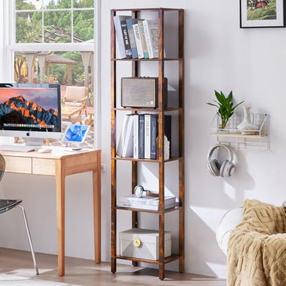 YUFAM 6 Tier Tall Skinny Bookshelf, Narrow Bookcase, Wooden Shelf, Brown - color: Brown, size: 6-Tier