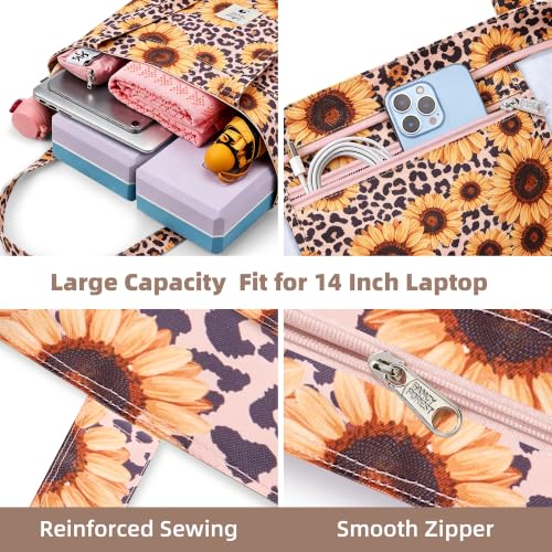 WLLWOO Yoga Mat Carrier Bag for Women Canvas Carryall Tote Gym Pilates | Large Holder Zipper Shoulder for Beach Travel Workout Fitness Office - color: Leopard Sunflower