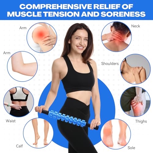 Hiboom 12 Pack Muscle Roller Stick with 9 Independent Rollers Massage Stick Anti-Slip Grip for Yoga Fitness Recovery Lymphatic Drainage Leg Back Pain Relief Athletes Runners Physical Therapy(Blue)
