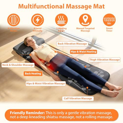 Vibration Massage Mat with Heat – Full Body Electric Massager Mattress Pad, 10 Motors, 9 Modes, 9 Intensities, 3 Heating Levels, 3 Timer Settings, Storage Bag, Earplugs, for Neck Back Waist Hips Legs - size: 57.8x19.7x1.2 in