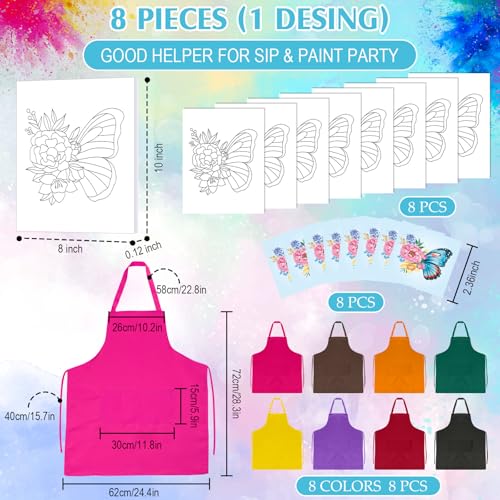 Cholemy 8 Set Paint and Sip Kit for Adults 8'' x 10'' Pre Drawn Canvas with Wooden Easels Acrylic Paint Brushes Wash Cup Palette Apron for Painting DIY Date Night Party Supplies(Butterfly) - style: Butterfly