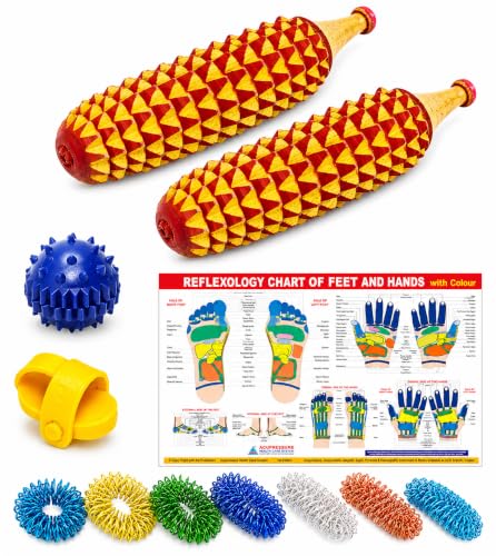 BOSKY Handmade Wooden Ancient Acupressure Spiked Hand Massage Exercise Therapy Deep Tissue Set of 2 Pcs, Spiky Ball and Rings with Reflexology Chart (AS-2)