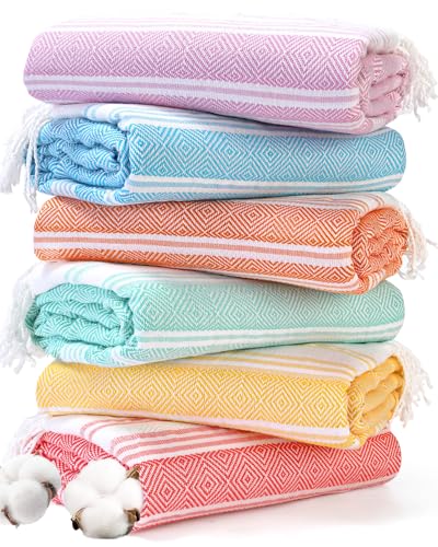 Genovega 6 Packs Oversized Turkish Beach Bath Towel Set Bulk 74"x38" Extra Large Sand Free Quick Dry Swim Camping Pool Clearance Towels Travel Blanket Adult Essentials Light Blue Grey Coral Stripe - color: Multi Lightblue Set