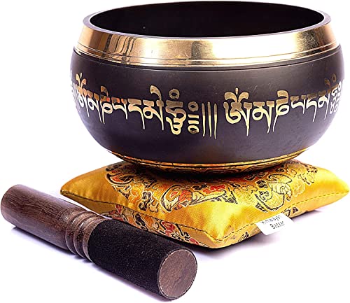 Tibetan Singing Bowl Set Bronze - Master Healing Grade - With Tibetan Thangka Art - Pure Tone By HIMALAYAN BAZAAR (Black & Yellow) - color: Black - Yellow
