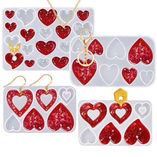 4PCSValentine's Day Heart Jewelry Silicone Mold Making Kit Ornament Silicone Mold for Casting Earring Epoxy UV Resin Keychain Cement Molds Hearts Chocolate Molds for Concrete Soap Keychain Craft Gummy