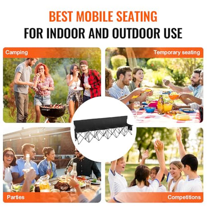 VEVOR Portable Folding B ench, 6 Seats Foldable Sideline B ench, Outdoor Camping Bench Chair with Carry Bag & Backrest, Team Sport Sideline B ench, No Assembly Instant Seating, Black | Lightweight Foldable Sideline Seating with Side Pockets, Carrying Bag,