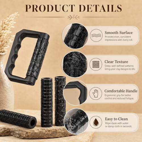 Conderyang 13Pcs 3D Printed Clay Texture Roller Set 12-Pattern Clay Roller with Handle Handheld Pottery Rollers Texture Wheel Polymer Tools for Artists Pottery Creation Ceramic Modeling DIY (Black)