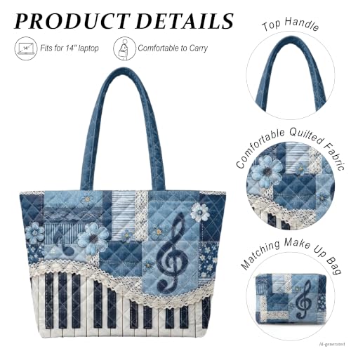 Quilted Tote Bag 2 Pack, Women's Tote Handbags for Work Travel - color: Denim Music Grey