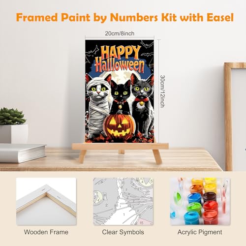 MOGTAA Halloween Paint by Numbers Kit for Adults Beginners with Frame, Cat Adult Paint by Number Kits on Canvas with Easel, Easy DIY Pumpkin Oil Painting Kits for Home Decor, 8x12in - color: Halloween Cat