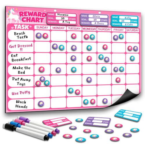 Magnetic Reward Chart for Kids, Customizable Dry Erase Weekly Chore Chart - size: 3 Kids-Unicorns