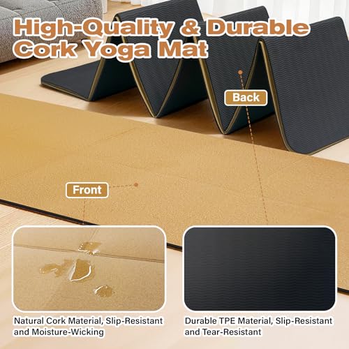 LILXIU Foldable Cork Yoga Mat 72 * 24 in 4 mm Thick Sweat Resistant with Rubber Base Hot Yoga Mat with Storage Bag Lightweight Grip Mats for Travel and Pilates Fitness Home Workouts
