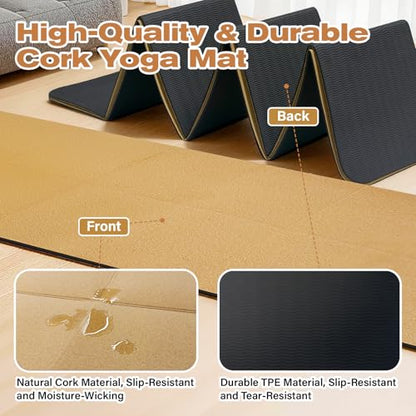 LILXIU Foldable Cork Yoga Mat 72 * 24 in 4 mm Thick Sweat Resistant with Rubber Base Hot Yoga Mat with Storage Bag Lightweight Grip Mats for Travel and Pilates Fitness Home Workouts
