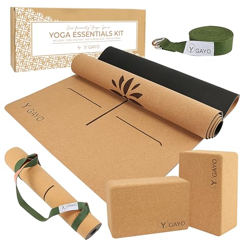 Y O Gayo Premium Cork All-in-One Yoga Essentials Kit -Large Cork Yoga Mat 5mm and Blocks Set with Carry Strap and Alignment lines, 10ft Stretch Strap, Your Ultimate Yoga Starter Set