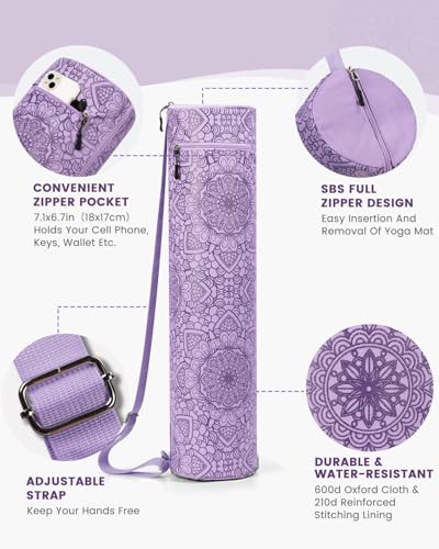 Gonex Yoga Mat Bag, Full-Zip Mat Carrier | 600D Oxford Fabric, Wet Pocket, Front Zip Pocket, Adjustable Strap, Fits Mats up to 26" - color: Lilac Purple