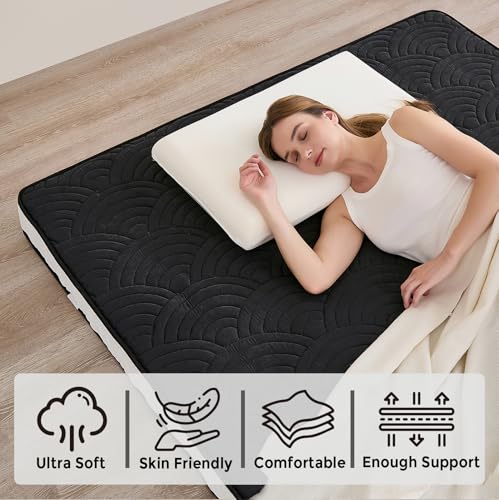 Zelladorra Japanese Floor Mattress, Portable Floor Mattress | Futon Mattress with Anti-Slip Bottom, Storage Bag and Straps for Easy Carrying, Camping, and Travel (Black) - color: Black, size: Twin（80" x 39"）