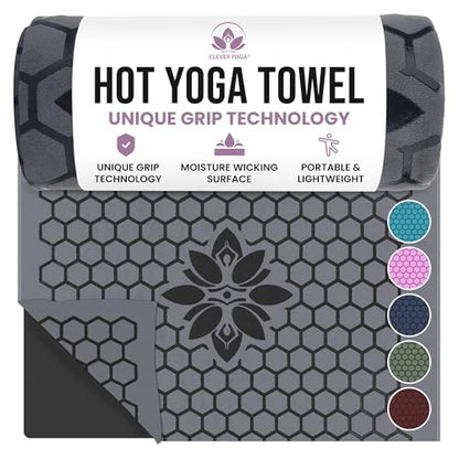 Clever Yoga Hot Yoga Mat Towel – Non-Slip Grip for Hot Yoga, Sweat Absorbent, Honeycomb Silicone Grip, Stays Flat – Ideal for Pilates, Travel, Washable & Lightweight - Gray - color: Gray
