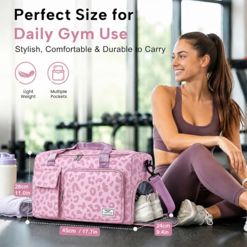 FIORETTO Women's Gym Duffle Bag with Shoes Compartment, 30L Capacity, Ideal for Travel, Gym, Sports, Duffel, Weekender - color: Leopard Pink, style: Gym Bag